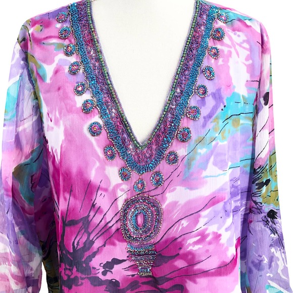 Ulla Popken Womens Size 20/22 Embellished Floral Blouse 3/4 Sleeve Relaxed Fit - Picture 2 of 8